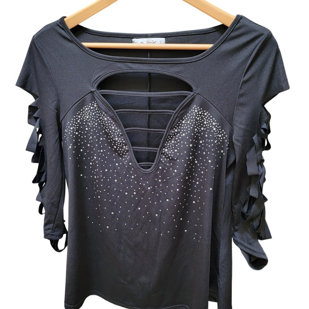 Black Rosegal 1XL Blouse With Rhinestone Front Ladder Neckline & Slit Sleeves